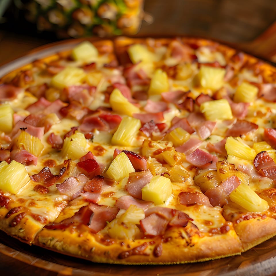 Close-up of a Capri Italian Restaurant Hawaiian pizza with ham, bacon, and pineapple chunks.