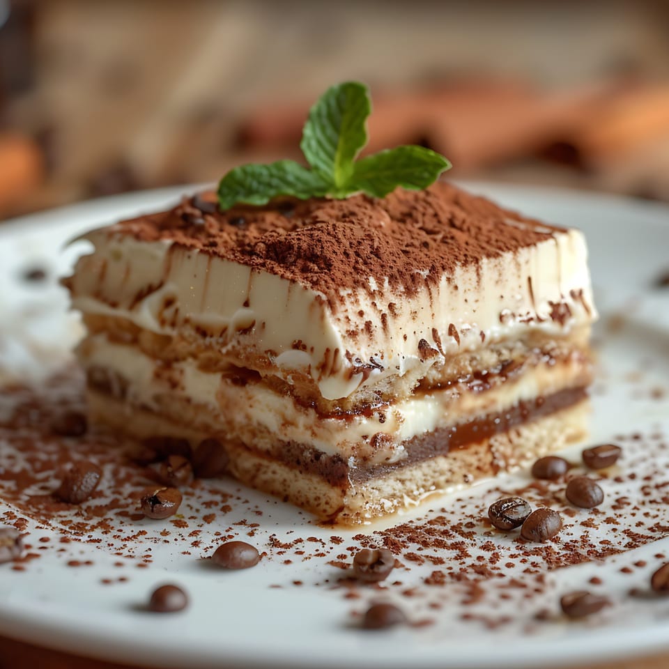 A slice of tiramisu with cocoa powder and a mint leaf on a white plate with coffee beans.