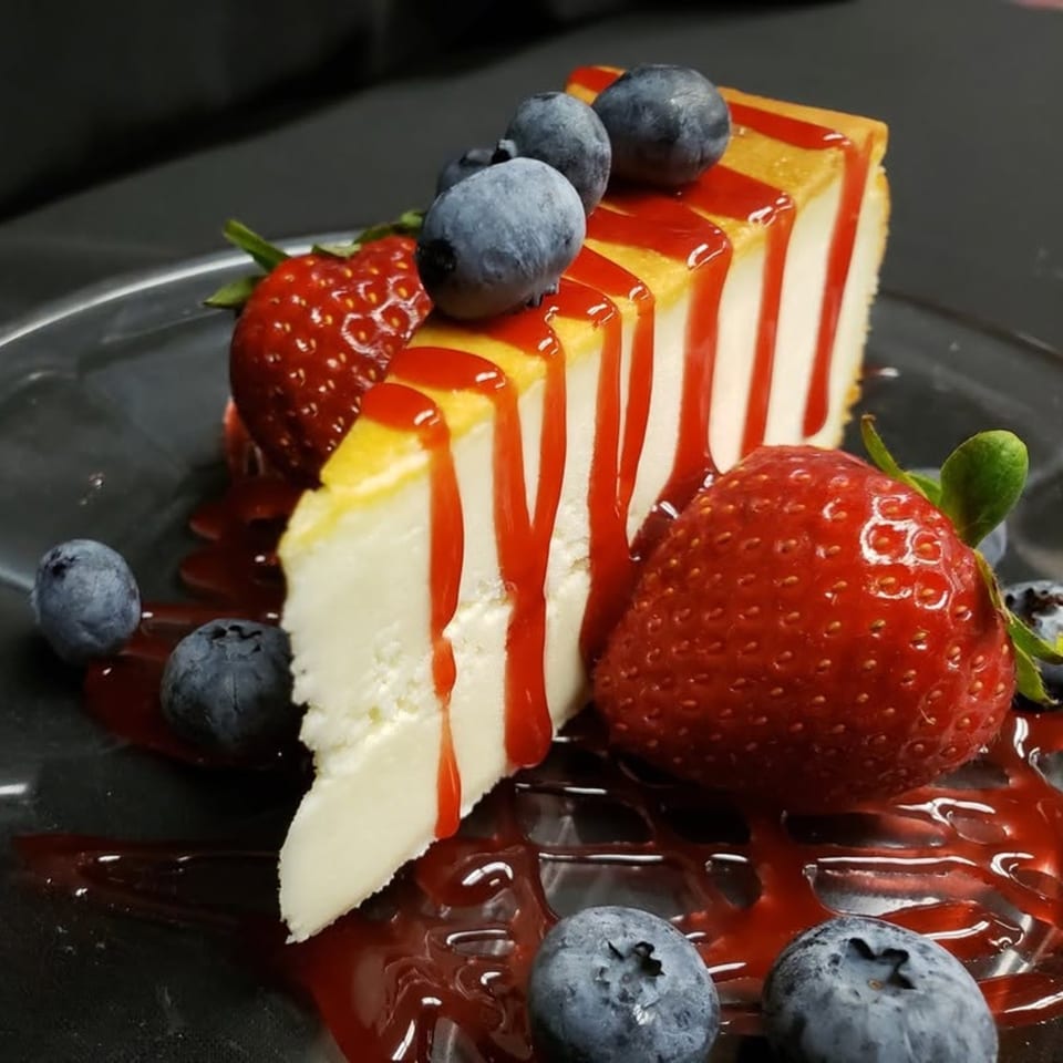 A slice of cheesecake drizzled with red berry sauce, garnished with fresh strawberries and blueberries.